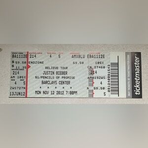 Justin Bieber Believe Tour Ticket November 2012